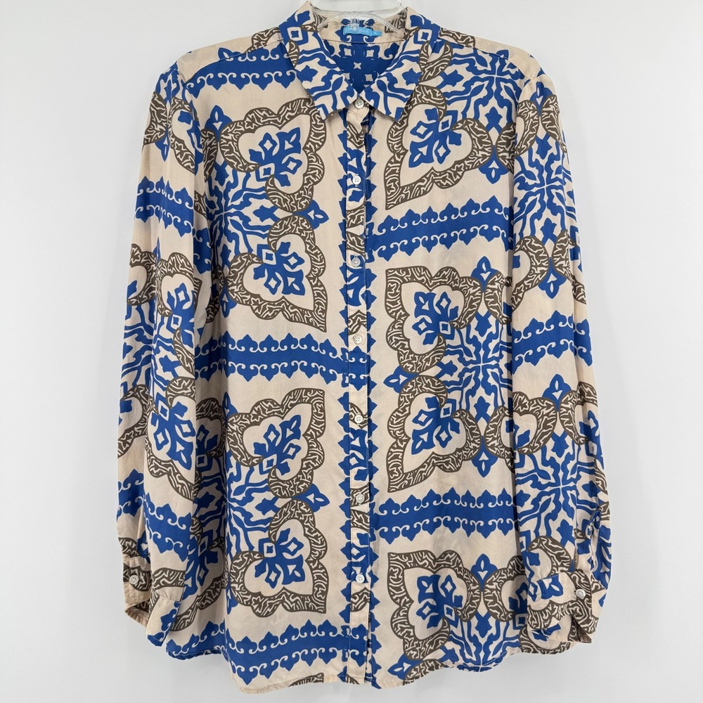 J.McLaughlin Lois Blouse Silk Blend XL Blue Brown Damask Tile Print